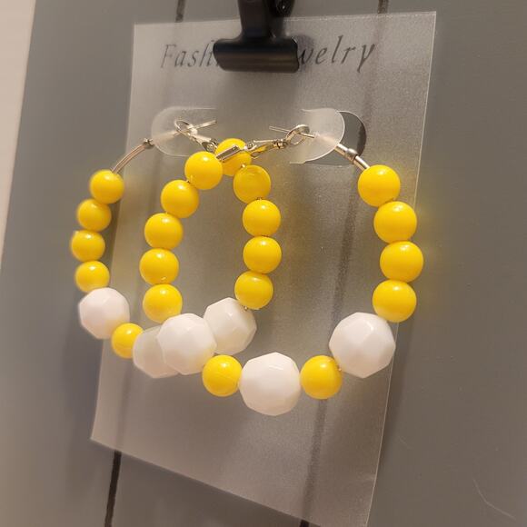 Yellow White Hoop Earrings 2" Retro Bold Funky Y2K Festival Pierced 80's Acrylic - Picture 2 of 6